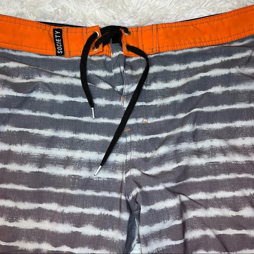 SOCIETY Of The Sun Men’s Orange Gray Striped Swim Board Shorts 36